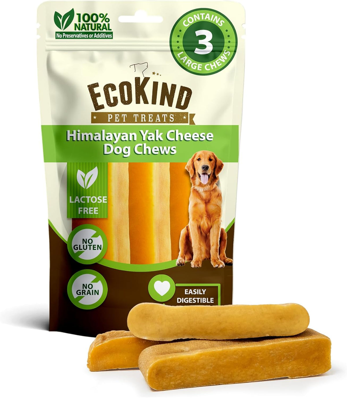 EcoKind Himalayan Yak Cheese Dog Chew | All Natural Premium Dog Treats, Healthy & Safe for Dogs, Long Lasting, Treats for Dogs, Easily Digestible, for All Breeds & Sizes (Large, 4-Pack)